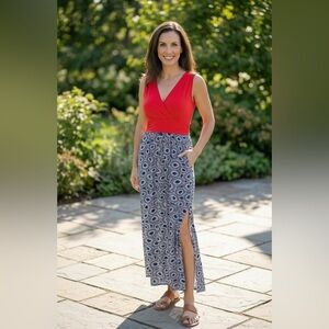 Gilli Coral/Red Wrap-Style Maxi Skirt with Patterned Blue Panel Size Large